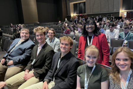 Pictured: UGA AMS undergraduate chapter members (left to right) Jamie Giles, Jacob Peace, Justin Williams (standing in back), Morgan Hiers, Faiza Mohammed (standing), Emily Kirk, and Meg Needham 